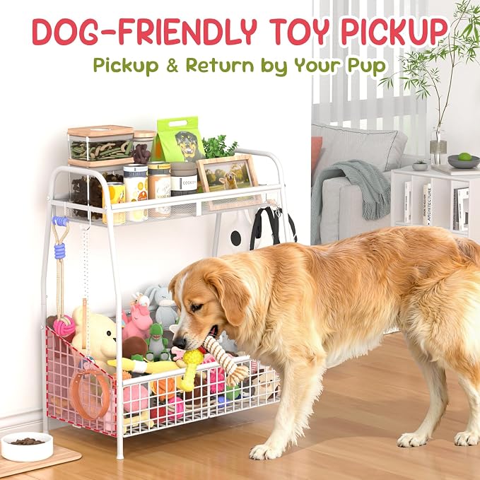 Kaiferty Indestructible Large Dog Toy basket, Toy Box for Dogs,Pet Toys Bin Dog Metal Wire Basket for Toys, Food Storage, Storage Organizer Chest Storage, Toy Box for Living Room Area (White)