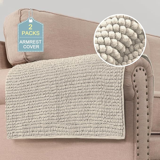 H.VERSAILTEX Plush Chenille Couch Armrest Cover 2 Packs Thick and Soft Sofa Covers Furniture Protector Cover for Pets (27.5" x 27.5", Island Fossi)