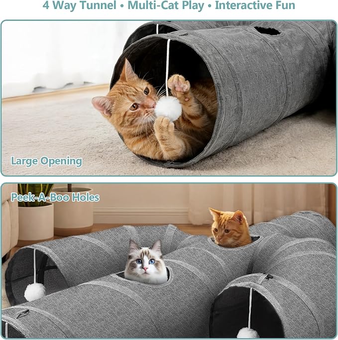 Ownpets Cactus Cat Tunnel 10" with Peek Holes for Indoor Large Cat, Grey | Durable Oxford fabric, noise-free, foldable & connectable, multi-cat friendly, tube for cats up to 20lb, includes ball & wand