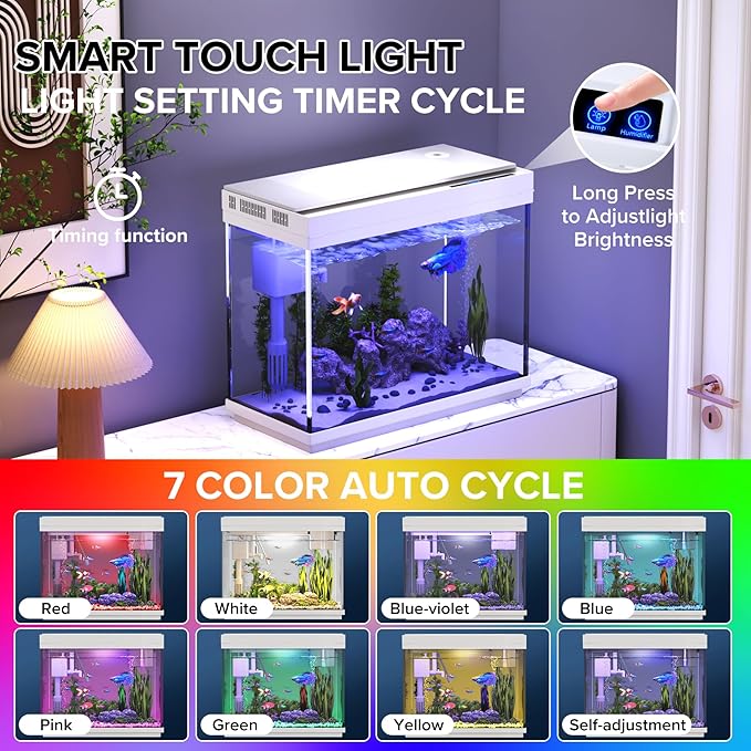 Vehipa Fish Tank 2.4 Gallon Aquarium Kit with Humidifier 7-Color Auto-Looping 3 in 1 Quiet Pump with Filteration & Oxygenation & Circulation, Temperature Display, HD Glass