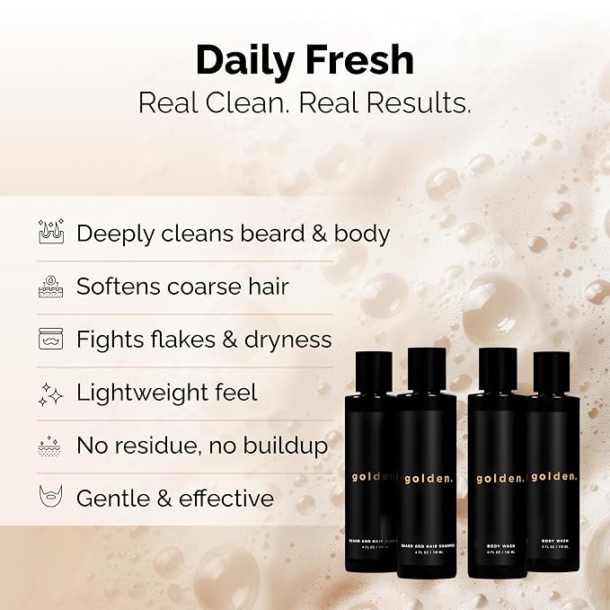 Golden Grooming Co. 3-in-1 Men’s Body Wash, Shampoo & Beard Wash – Hydrating Full Body Cleanser for All Skin Types – Fresh Tea Tree Scent – Naturally Derived Formula – 4-Pack Value Bundle