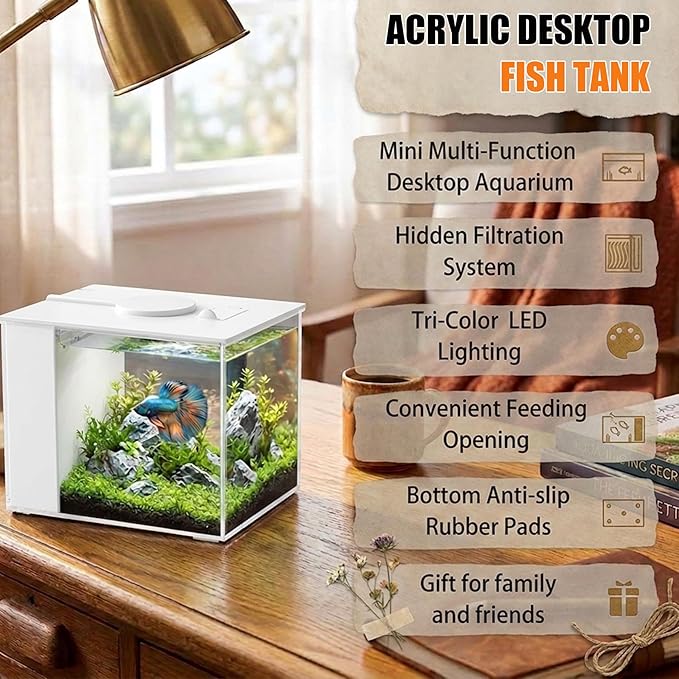 Vehipa 3.7L (1 Gal) Betta Fish Aquarium, Acrylic Small Fish Tank Kit with Water Filter Pump & LED Light, Ideal for Small Fish, Plants and Shrimp, White