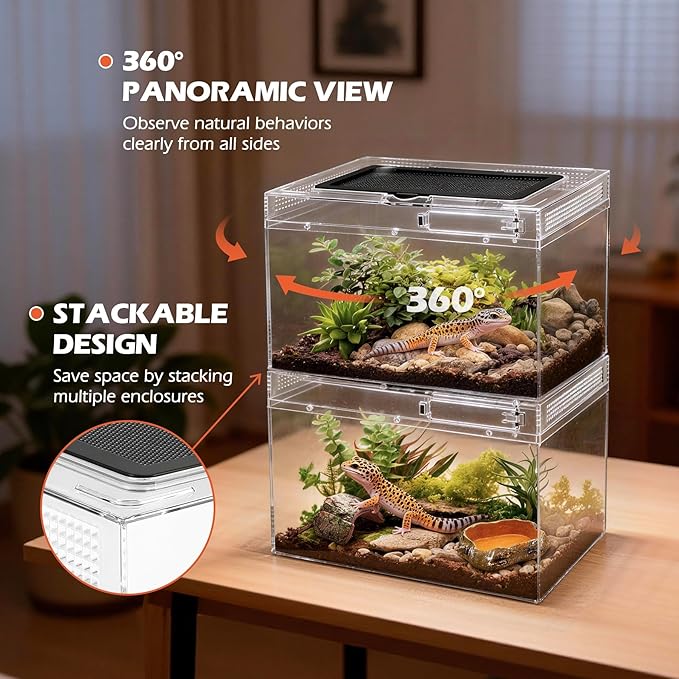 AZV Reptile Terrarium Starter Kit,8 Piece Small Reptile Tank with Escape-Proof Locks,Mesh Top,Multi-Vent Compatible Habitat,Durable Clear PC,Easy-Clean Waterproof Base for Geckos,Frogs,Spiders XLarge