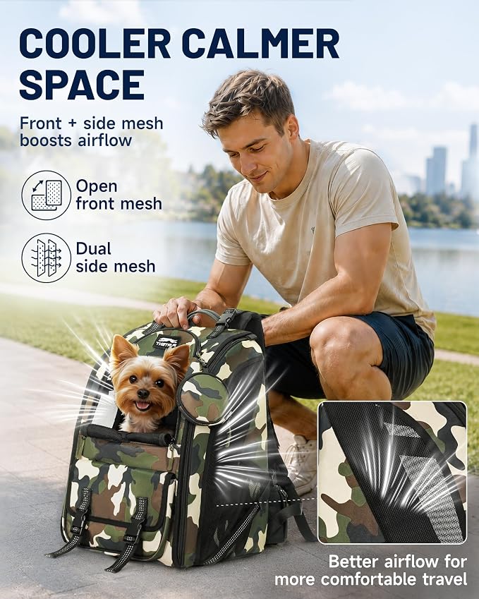 Dog Backpack Carrier with Ergonomic Support, Padded Straps and Ventilation, Hiking Pet Backpack with Safety Tethers, Reflective Trim and Waist Support, Up to 22lbs
