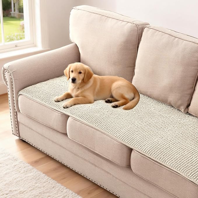 H.VERSAILTEX Plush Chenille Couch Cover for 3 Cushion Couch Anti Slip Washable Sofa Slipcovers Soft and Durable Furniture Protector for Dogs Cats Kids (27.5" x 82", Ivory)