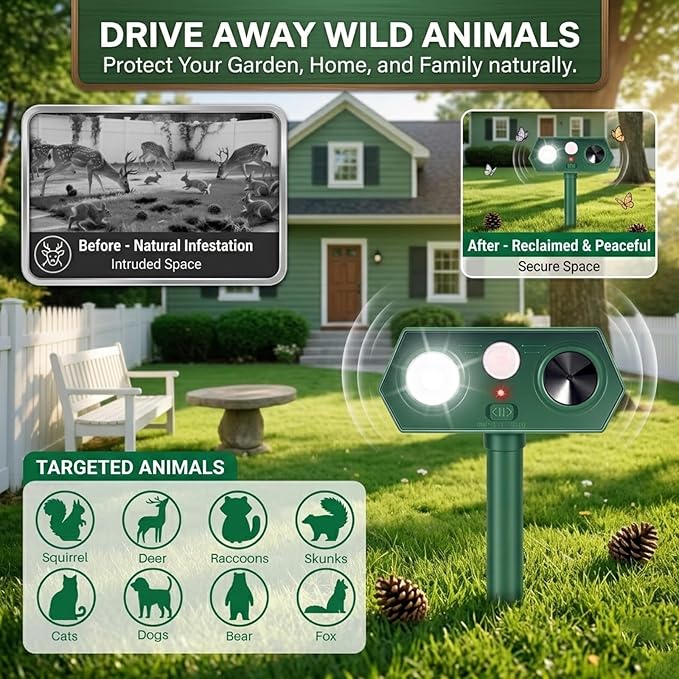 Upgraded Solar Ultrasonic Animal Repellent Outdoor,4Pack Waterproof Deer Repellent Devices with Motion Sensor for Yard,Cat Repellent with Red&Blue LED Flash Lights to Scare Rabbit Raccoon Skunk