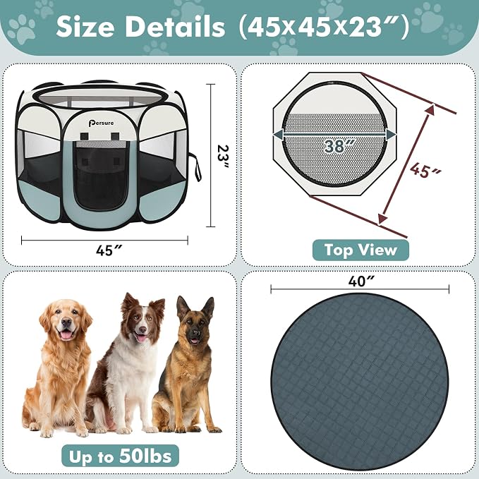 Persure Dog Cat Pet Playpen Puppy Crate Cage for Indoor Outdoor Travel | Nursing Rest Zone Recovering Pet Quarantine Room Portable Pop Up Easy to Set up lightweight Carrying Bag(Grey with Pad,Large）