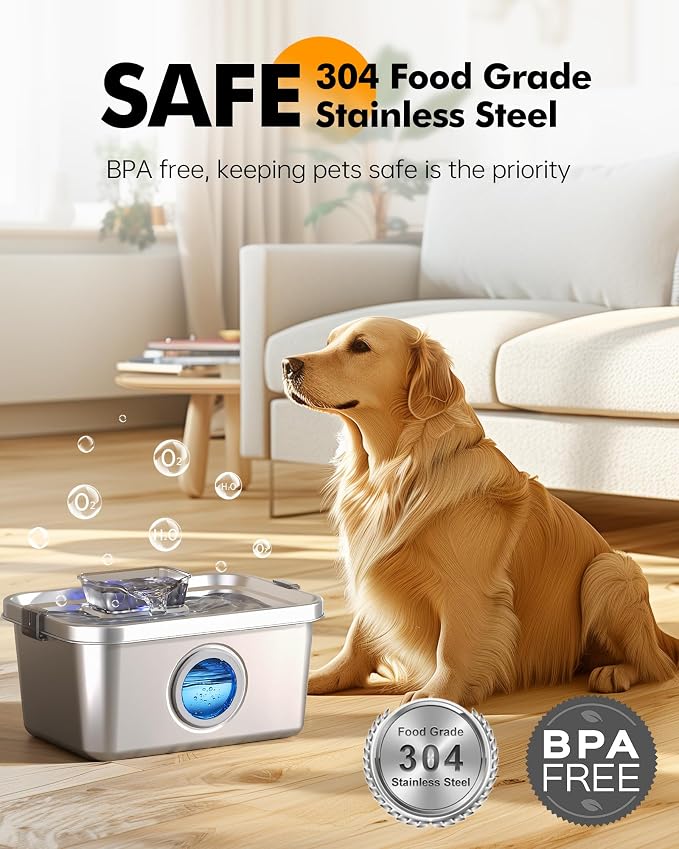 PETIMI Dog Water Fountain, 2 Gallon 304 Stainless Steel Large Pet Water Fountain for Dogs & Cats, Ultra Quiet Indoor Pet Fountain, Safety Lock, 3 Replacement Filters Included, Smart Pump Protection