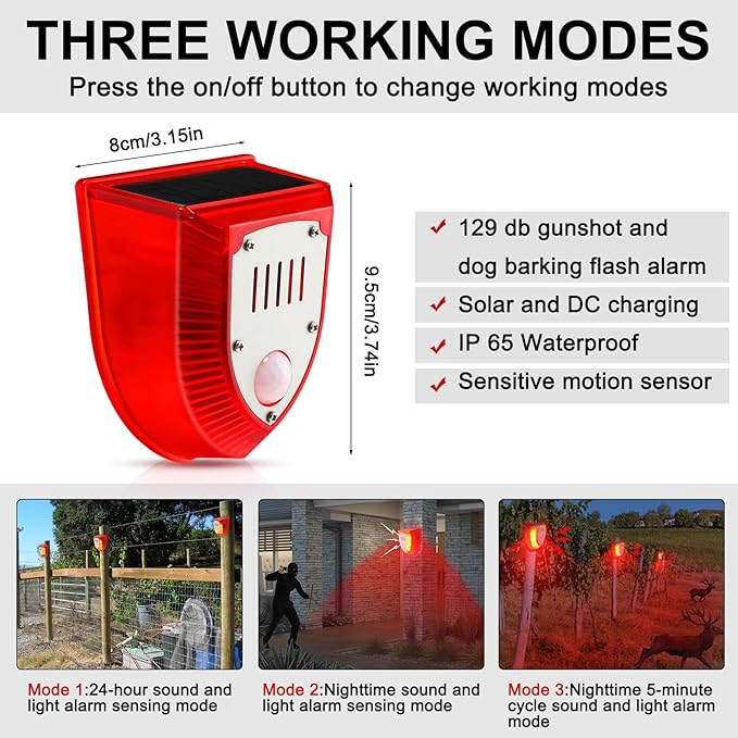 Qualirey 6 Pcs Solar Alarm Motion Detector with Sound Outdoor Motion Sensor 129db Barking Dog Strobe Light Gunshot Sound Alarm Detector Noise Maker Warning Lamp for Home Villa Yard Farm