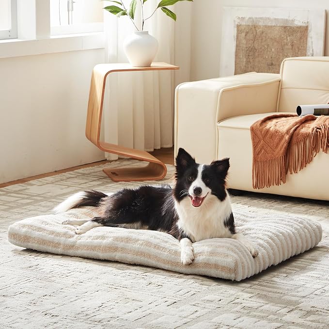 FURTIME Washable Dog Bed Large Sized Dogs, Deluxe Medium Dog Crate Beds | Comfy Fluffy Kennel Pad Anti-Slip Pet Sleeping Mat, Machine Washable Dogs Pillow, 35"x23"x3.5", White