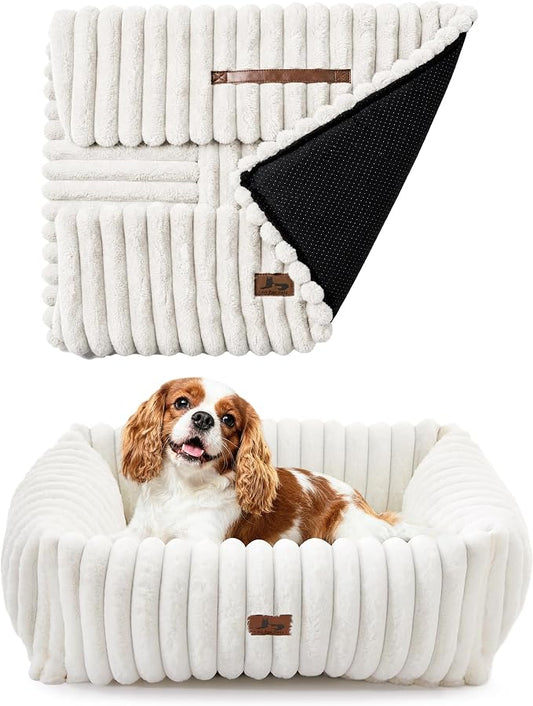 Washable Dog Bed for Small Medium Dogs, Rectangle Orthopedic Pet Bed with Removable Cover, Fluffy Memory Foam Dog Beds with Anti-Slip Bottom, Cream(25x21x7inchs)