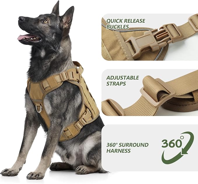 WINGOIN Tactical Dog Harness for Large Dogs,Heavy Duty No Pull Dog Harness | with Handle,Adjustable Reflective,Khaki Military K9 Style,Big Size Dog Vest,for German Shepherd,for Walking Hunting