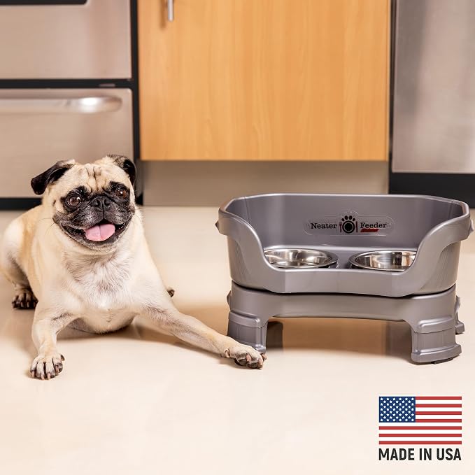 Neater Feeder Deluxe Mess-Proof Elevated Dog Bowls for Small Dogs (Up to 19 lbs), 2 Height Adjustable (6” & 7.5”) No-Spill Raised Dog Bowl Stand, Stainless Steel Food Bowl Set, Made in USA, Gunmetal