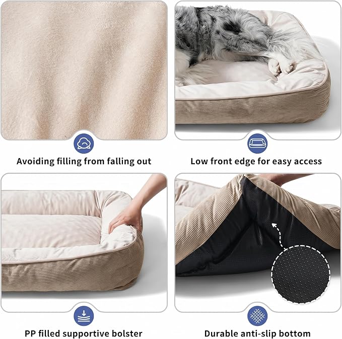 FAIRYPET Deluxe Plush Dog Beds for Medium to Large Dogs, 3D Crimped Siliconized Hollow Fiber Fill，Soft Breathable，Washable Dog Bed, Plush Faux Fur & Corduroy,Durable Pet Bed with Anti-Slip Bottom