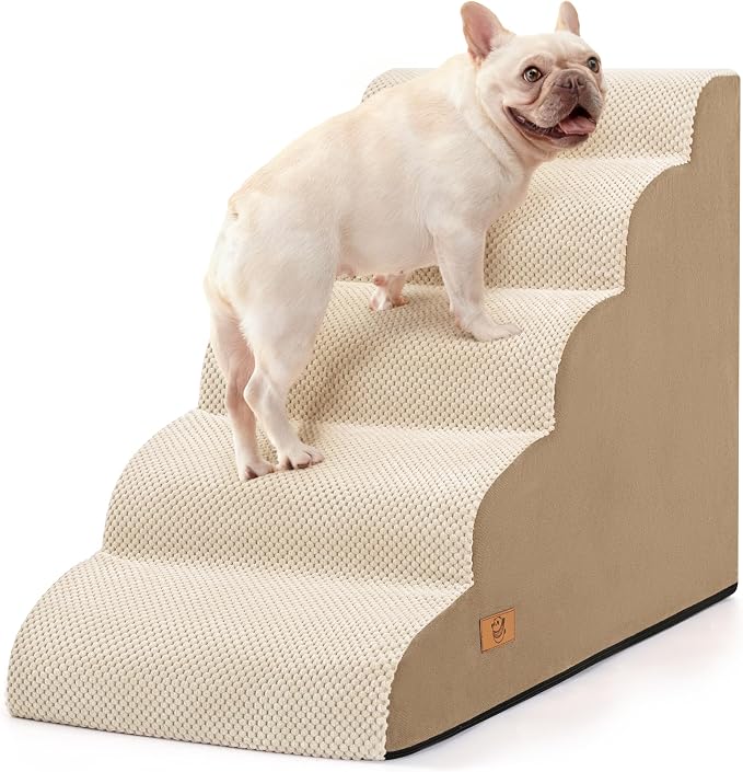 5 Step Dog Stairs for High Bed,Non-Slip Pet Ramp for Small Dogs and Cats | High-Density Foam Support with a Stable 5-Step Design for Easy, Comfortable Access to High Beds with Washable Cover,Khaki