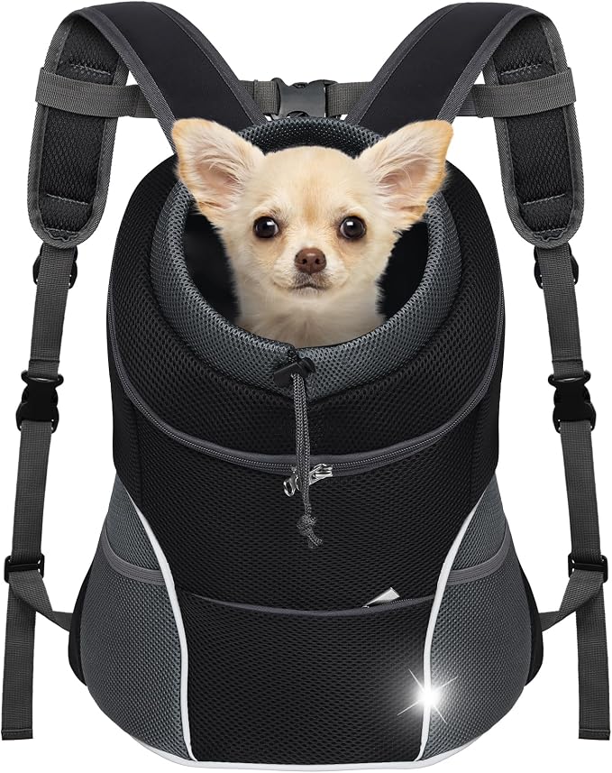 YUDODO Dog Front Carrier Backpack, Adjustable Breathable Dog Backpack | Ventilated, Safety Belt, Lightweight, Reflective Strip, Pocket Storage, For Walking Hiking Outdoor, Black, M
