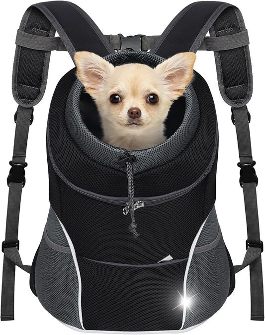 YUDODO Dog Front Carrier Backpack, Adjustable Breathable Dog Backpack | Ventilated, Safety Belt, Lightweight, Reflective Strip, Pocket Storage, For Walking Hiking Outdoor, Black, M