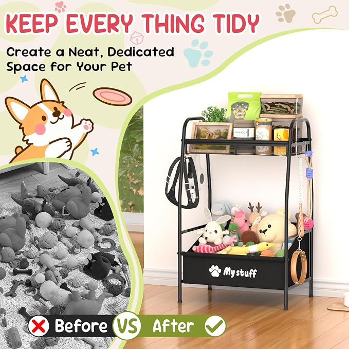 Kaiferty Medium Dog Toy basket, Toy Box for Dogs, Pet Toys Bin Dog Metal Wire Basket for Toys, Food Storage, Storage Organizer Chest Storage, Toy Box for Living Room Area (Black)