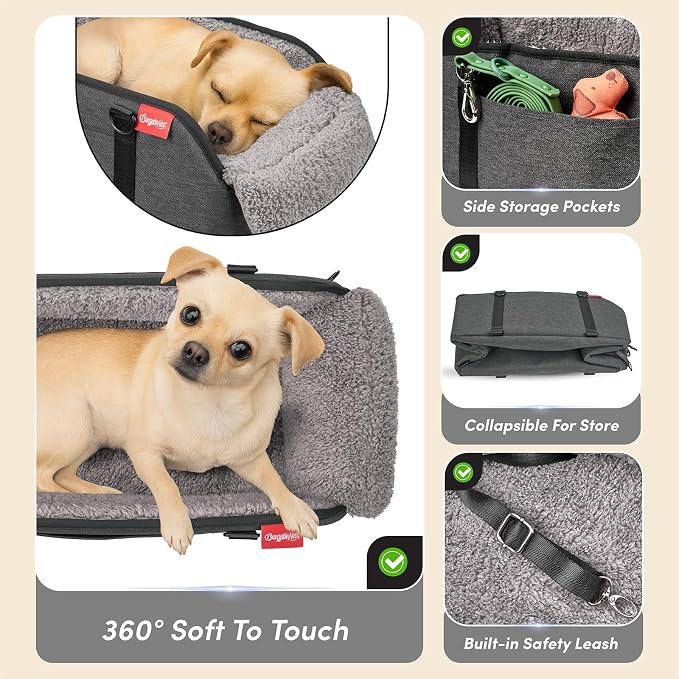 Center Console Dog Car Seat for Small Pets to 11lbs, Grey | Anti-collapse armrest Console seat with washable fluffy cushion, pillow & tether for stable, cozy pet travel trips.