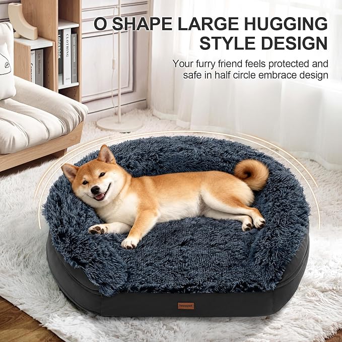 iweepet Fluffy Orthopedic Dog Beds for Large & Extra Large Dogs, 44" Calming Dog Sofa Bed with28D Egg-Crate Foam, Removable Washable Cover, Waterproof Lining, for Puppy,Senior,Sick