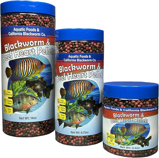 Aquatic Foods Inc. 3mm -1/18" California Blackworm & Beef Heart Floating Pellets for Marines, Cichlids, Tropical Fish, Koi & Pond Fish, 4-Type Wafer & 12-Type Pellet Mix Included 14oz Canister