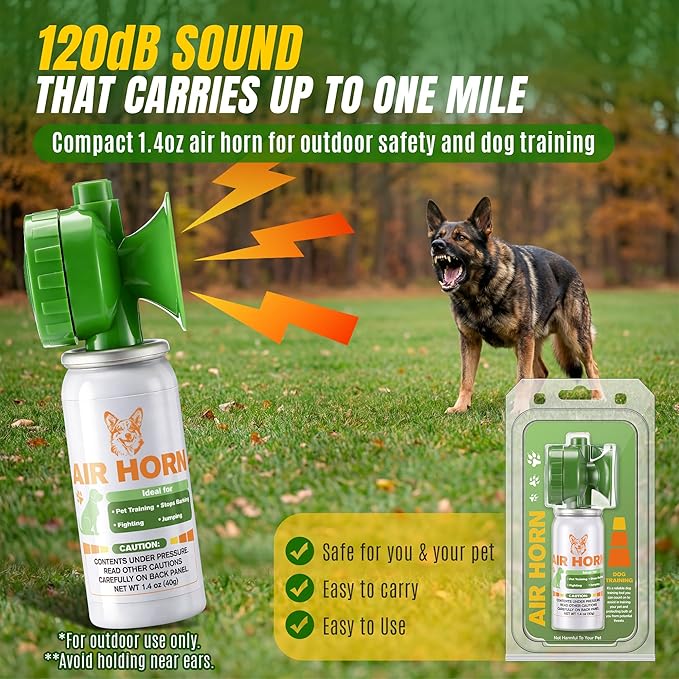 Air Horn with Holster, 1.4 oz 120 dB Loud Pet Trainer to Stop Dog Attacking Barking Fighting Jumping, Coyotes Air Horn for Safety, Protect Yourself & Pet While Walking, Green(2 Pack)