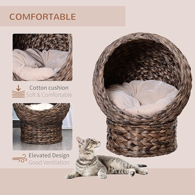 PawHut Handwoven Elevated Cat Bed with Soft Cushion & Egg Chair Shape, Basket Kitty House with Stand, Raised Wicker Cat Bed for Indoor Cats, 23.5" H, Gray | Soft Cushion, Basket Bed Kitty House with Stand, Raised Wicker House