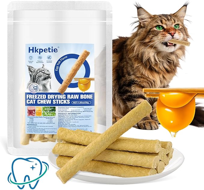 30g Freezed Dried Cat Chew Stick Egg Yolk Flavor, Cat Dental Treats for Freshens Breath and Reduce Tartar, Feline Teething Sticks Cats Treats Snack