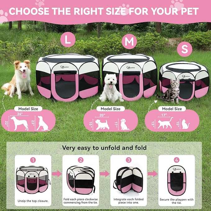 Siedihit Dog Pet Playpen Tent Crate Cage with Washable Pee Pad, Large Pink | Travel Camping Portable Pop Up Easy to Set up lightweight dog Kennel with Carrying Bag for Indoor/Outdoor Wide applicability