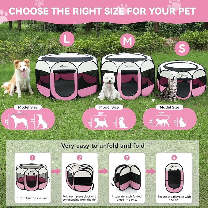 Sieidihit Dog Cat Pet Playpen Puppy Crate Cage Indoor Outdoor, Medium Pink | Nursing Rest Zone Recovering Pet Quarantine Room Portable Pop Up Easy to Set up lightweight Carrying Bag Wide applicability