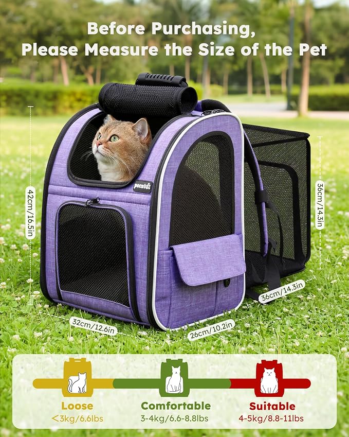 pecute Cat Backpack Expandable, Cat Carrier with Breathable Window | Durable Oxford Cloth, Lockable Zipper,Use for Pet Under 11 lbs to Travel