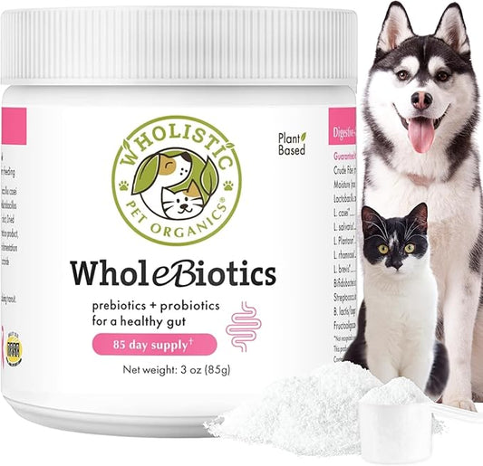 Wholistic Pet Organics WholeBiotics - Daily Dog Probiotics for Digestive Health Support & Immune Boost - 9 Strains - Prebiotics & Probiotics for Dogs & Cats - Gut Health for Dogs - 3 Oz - 85 Scoops