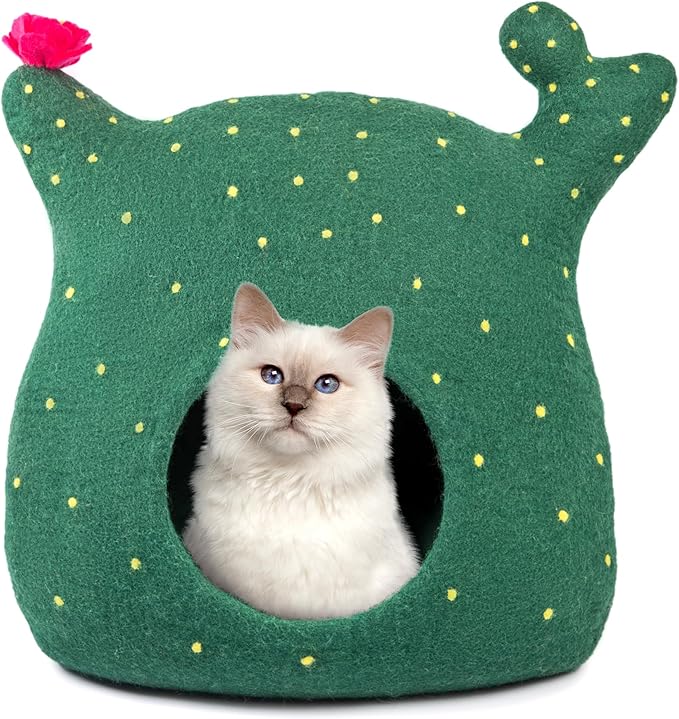 Luxurious Merino Wool Cat Cave - Foldable Hideaway Pod for Indoor Cats - Premium Felt Kitten Pet Enclosure - Covered Cat House for Ultimate Cozy Comfort by Woolygon (Cactus)