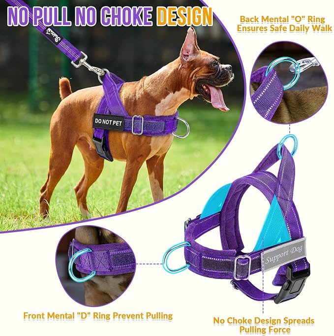 SlowTon No Pull Dog Harness with Front Clip - Heavy Duty, Soft Padded | Neck & Chest Adjustable, Tactical Pet Vest and Leash Set for Large Medium Sized Dogs, for Easy Walk & Training, Purple XL