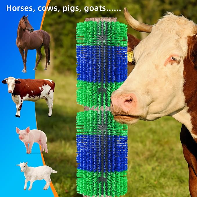 Extra Large Size Livestock Scratching Brush, Upgraded Horse/Goat/Cow/Cattle Scratcher Brush for Grooming, Itch Relief Horse Scratcher Brushes Kit with Two Sets of Mounting Screws(2-Pack,Green)
