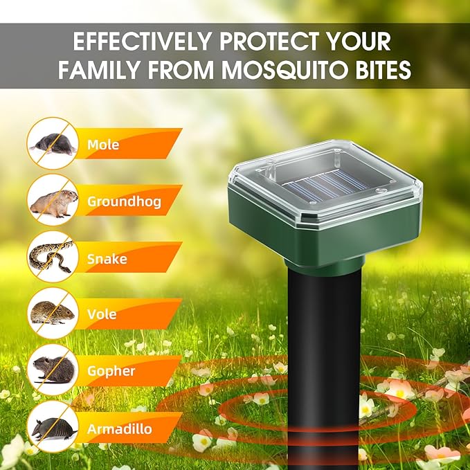 8 Pack Mole Repellent Solar Powered, Gopher Repellent Ultrasonic Mole Stakes Deterrent for Yard, Solar Rodent Repeller Outdoor for Vole Groundhog Chipmunk Snake Lawns Gardens Farms Burrowing Animals