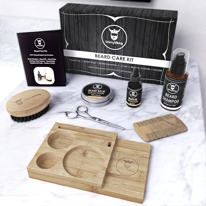 Striking Viking Beard Grooming Kit with Caddy - 7 Piece Set, Sandalwood | Softening Sandalwood Beard Oil & Balm - Brush with Mustache Comb & Scissors - Compact Caddy Organizer & Gifts for Men