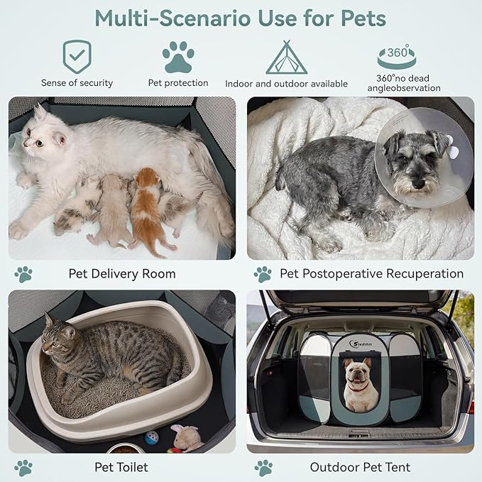 Siedihit Dog Playpen, Puppy Pet Playpen, Medium Dogs Tent Crates Cage Indoor/Outdoor, Portable Pop Up Dog Kennel Playpen with Carrying Case for Dogs/Cats/Rabbits, Removable Zipper Top, Grey