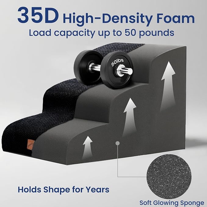 GoGoBunny Ramp Dog Stairs for Couch Sofa and Chair 15.7" H, 3-Step Pet Steps for Small Dogs and Cats, Non-Slip Waterproof Fabric Cover, Stable and Balanced Indoor Step, Pets Friendly, Black