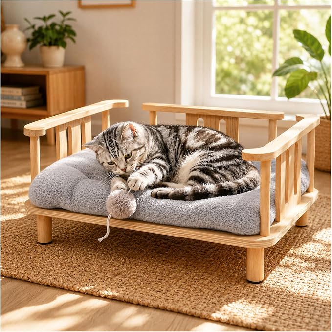 Summark Elevated Cat Couch & Dog Sofa, Solid Wood Raised Pet Bed with Machine Washable Plush Mattress, Indoor Cat Furniture for Cats & Small Dogs, Supports Up to 60 lbs
