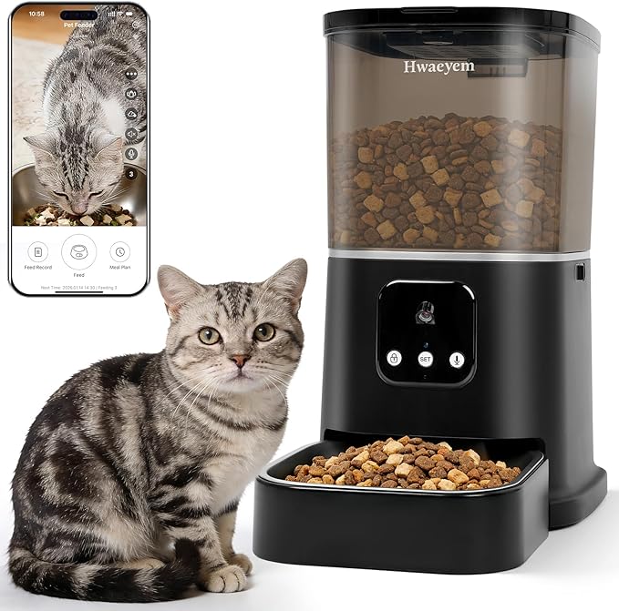 カメラ付き自動猫給餌器、5L/28カップ WiFi猫自動給餌器 双方向音声通信、アプリ制御、強力な詰まり防止システム ナイトビジョン付きスマート定時給餌器 小型ペット屋内用