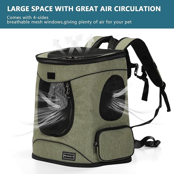 Petsfit Dog and Cat Backpack Carrier, Padded Waist Support, Up to 18 lb | 13.5 x 12.5 x 17.5 in; reinforced frame, 600D Oxford, 4 mesh panels, lockable zippers, safety tether and washable mat.