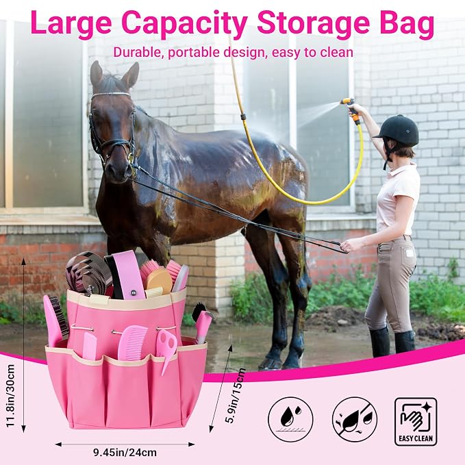 Horse Grooming Kit, 14-in-1 Professional Horse Brush Supplies Set for Grooming & Care, with Horse Brushes, Curry Comb, Hoof Pick & Waterproof Storage Tote Bag for Shining, Detangling, Massaging(Pink)