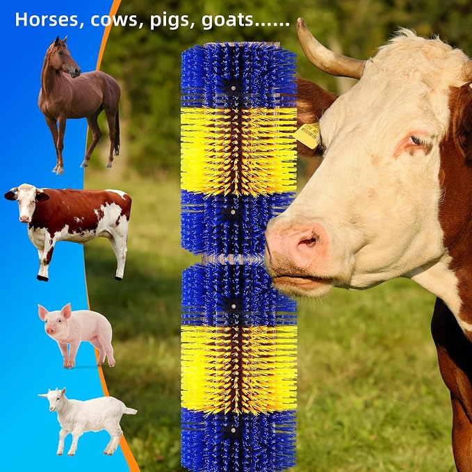 Extra Large Size Livestock Scratching Brush, Upgraded Horse/Goat/Cow/Cattle Scratcher Brush for Grooming, Itch Relief Horse Scratcher Brushes Kit with Two Sets of Mounting Screws(4-Pack,Yellow)