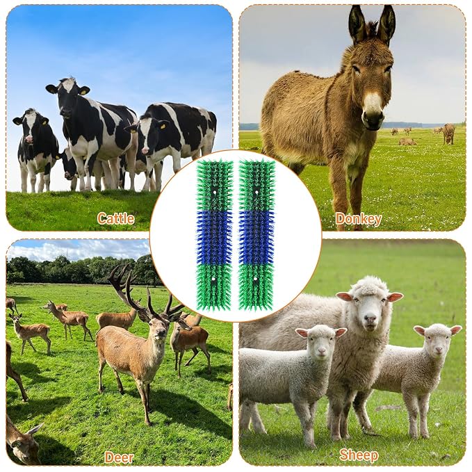 Livestock Scratch Brush With 8 Screws，Animal Back Scratching Brush for Cow,Cattle,Sheep, Horses,Pigs，Massage Grooming Tool(Green, 2pcs)