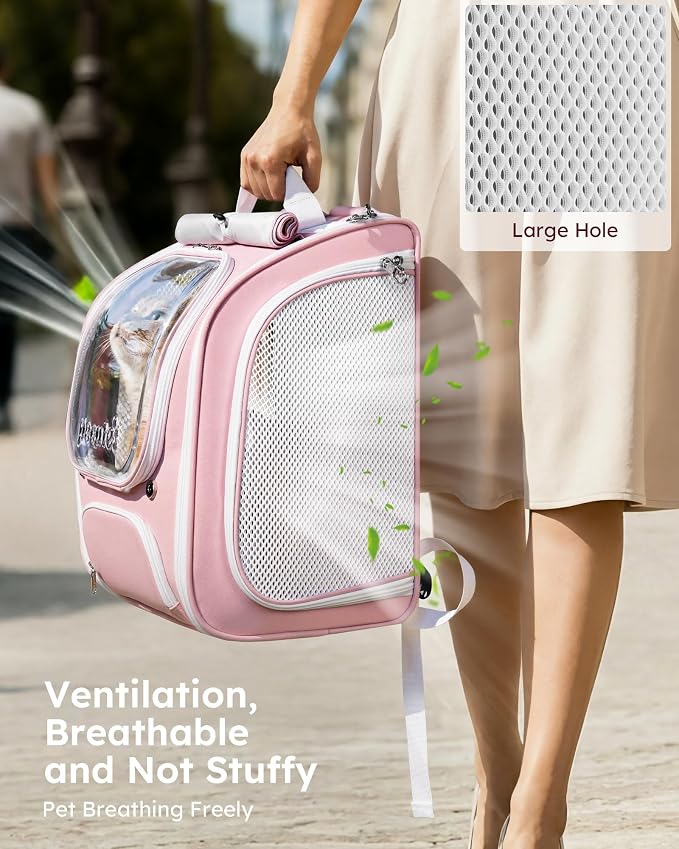 Pecute Cat Backpack Carrier,Large Space Cat Bubble Backpack,Ergonomic,Pink | Sunshade Curtain,Transparent Window,Safety Rope,Sturdy,Large Mesh on Both Sides for Breathability,Suitable for Outdoor,Vet