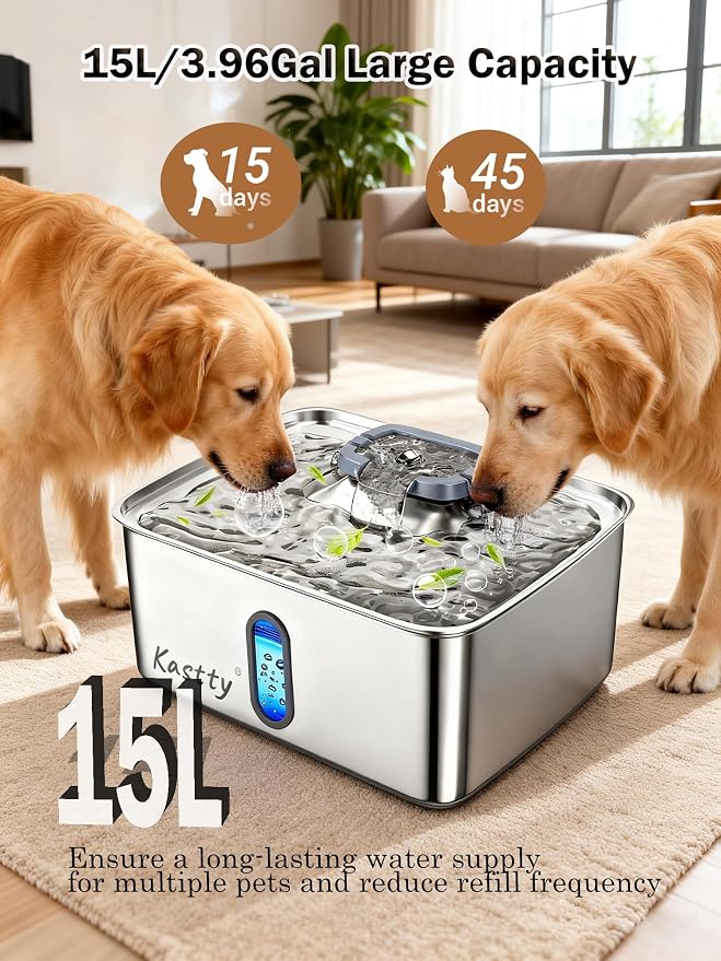 Kastty 3.96 Gal Dog Water Fountain for Large Dogs,15L Stainless Steel Large Pet Water Fountain, Ultra Quiet Automatic Dog Water Bowl Dispenser with Water Level Window and LED Light(FS78,Grey | Large Ultra Quiet Pet Water Fountain, Automatic Dog Water B...