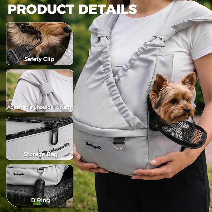Small Dog Sling Carrier, Hands-Free, Gray, 4-13Lbs | Adjustable Bottom Support Front Backpack with Storage Pocket, Anti-Anxiety Breathable Side Mesh, Reduces Back & Neck Pain