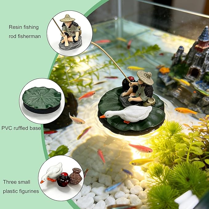 Fish Tank Decorations Floating Fish Tank Decorations,Retro Fisherman Sculpture Fish Tank Decoration with Three Small Ornaments with Mini Fishing Rod Funny Cool for Betta Bowl Zen Aquariums