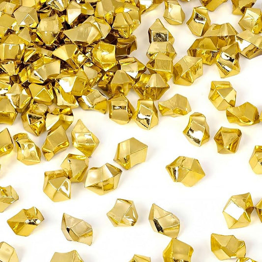 DomeStar 150PCS Gold Acrylic Ice Rocks – Faux Gems Nuggets Vase Fillers Pot of Gold, Glitter Party Decorations, DIY Crafts & Table Scatter